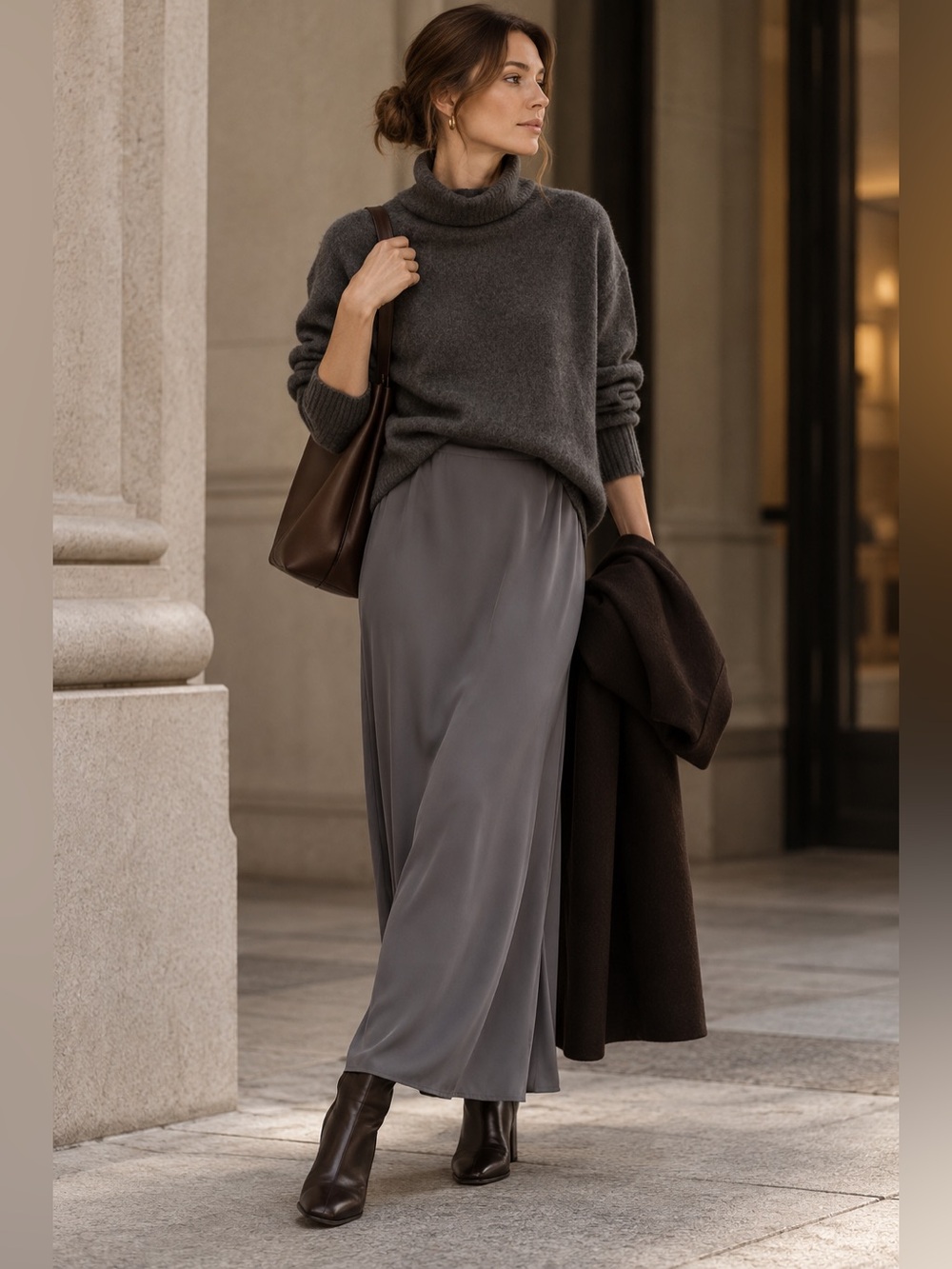 Eileen Fisher 100% Silk Gray Maxi Skirt Minimalist Size Medium